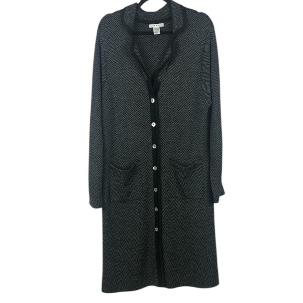 Deane & White Merino Wool Blend Gray Herringbone Long Cardigan Size Large